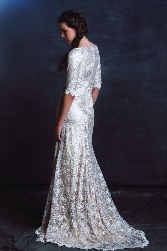 Hochzeit - Wedding Gown With Long Sleeves, Tea Dyed Lace And Low V Front /// Garbo Gown