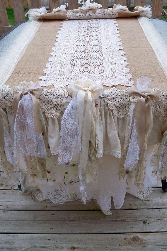 Wedding - Burlap Ruffled Hand Made Table Runner Ooak Shabby Chic Burlap Tablecloth Very Full By Anita Spero