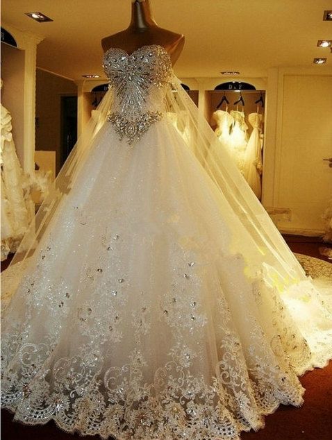 زفاف - Real Sample Custom Made High Quality Strapless Sweetheart Luxury Crystal Wedding Gown With Long Train/Bridal Dresses