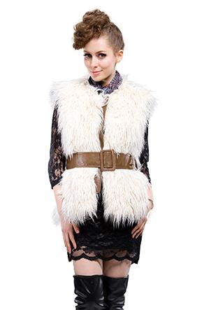 زفاف - White Faux Wool Fur Short Vest Leather Belt