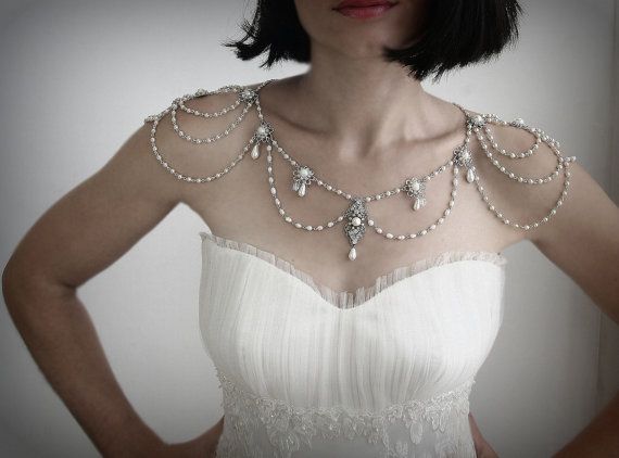 زفاف - Necklace For The Shoulders,1920,Pearls,Rhinestone,Silver,OOAK Bridal Wedding Jewelry,Victorian,Made By Efrat Davidsohn