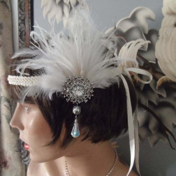 Mariage - GREAT GATSBY Inspired Headpiece Headband Fascinator Antique Silver Ox Ivory Feather Roaring 20's Wedding Bridal Hair Accessories Flapper
