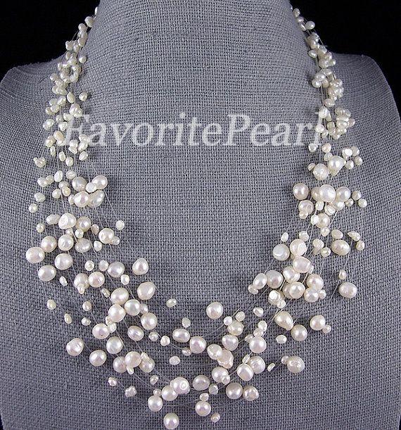 زفاف - Pearl Necklace, Bridesmaid Necklace, Multistrand Necklace, Floating Necklace, Illusion Necklace - 15 Strand 18-22.5 Inches - Free Shipping