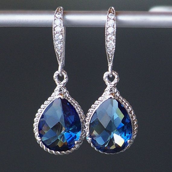 زفاف - Sapphire Blue Crystal Teardrop Earrings In Silver
