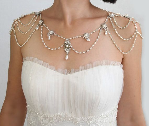زفاف - Necklace For The Shoulders,1920,Pearls,Rhinestone,Silver,OOAK Bridal Wedding Jewelry,The Great Gatsby,Victorian,Made By Efrat Davidsohn