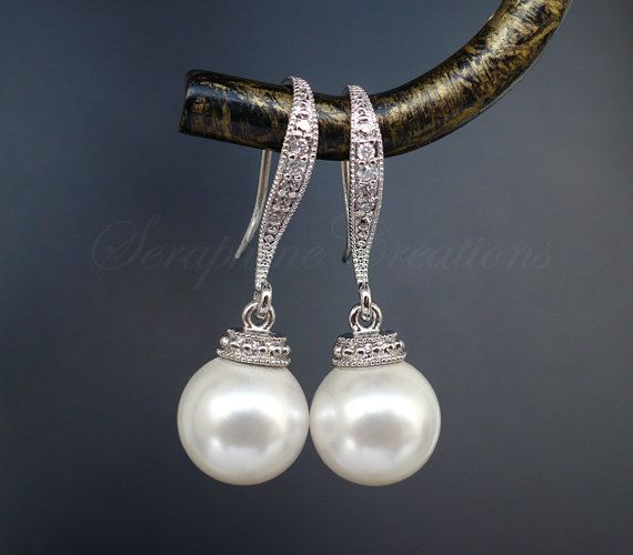 Hochzeit - Bridal Pearl Earrings Wedding Jewelry Swarovski Pearls Cubic Zirconia Simple Dangle Classic Earrings Bridesmaid Gifts White Or Ivory/Cream