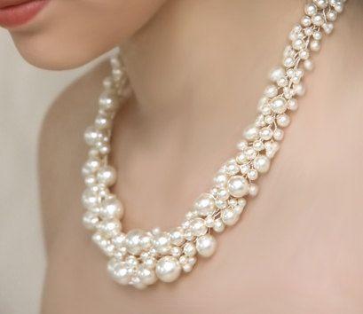 Hochzeit - Bridal Pearl Statement Necklace And Pearl Cluster Dangly Earrings And Pearl Bracelet Wedding Jewelry Set