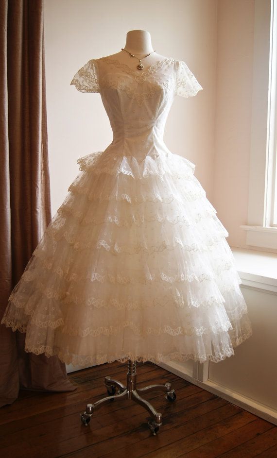 Wedding - Vintage Wedding Dress / 1950s Tea Length Wedding Dress With Embroidered Tulle