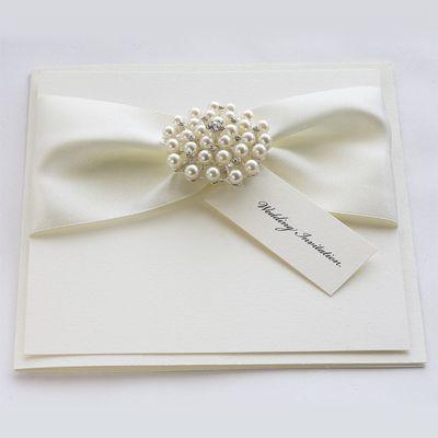 Hochzeit - Satin Pearl Wedding Invitations With Luxury Satin Ribbons And A Crystal Cluster Embellishment