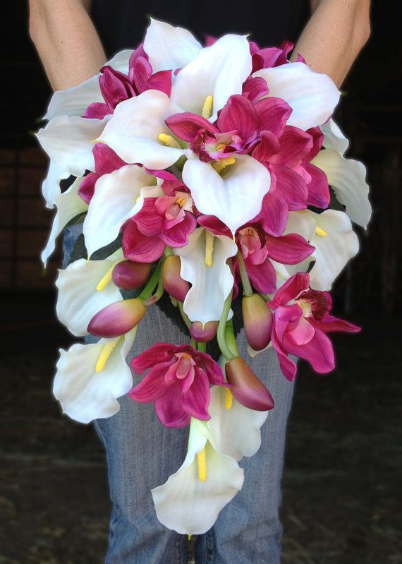 Hochzeit - White Calla Lily And Pink Orchid Cascading Bride Bouquet