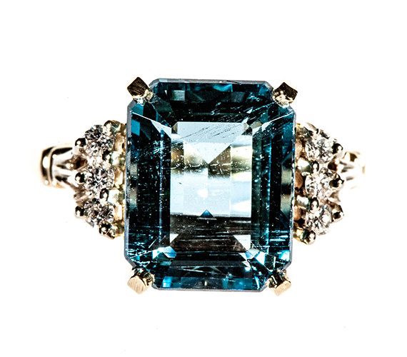 Wedding - Vintage14k Yellow Gold Emerald Cut 4.25ct Emerald Cut Aquamarine And Diamond Ring