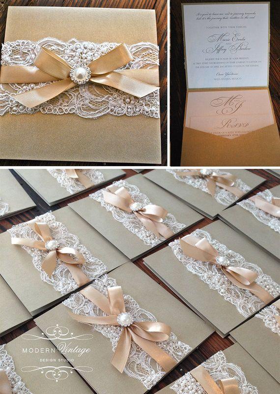 Wedding - Champagne & Ivory Lace Wedding Invitation