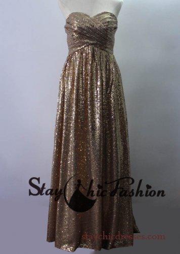 Wedding - Sparkly Brown Gold Pleated Bust Empire Waist Sequined Floor Length Prom Dress