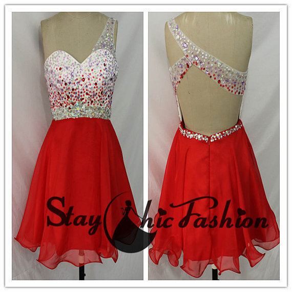 زفاف - White Red Colorful Beaded Illusion One Shoulder Open Back Prom Dress 2015