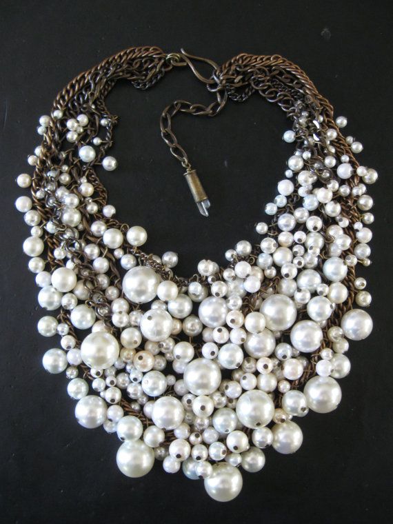 Hochzeit - Pearl Bib Necklace - Mermaid Farts - Creamy White And Brass Recycled Faux Pearls Statement Necklace