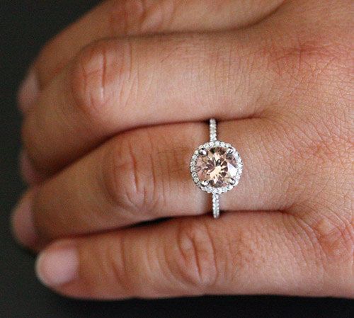 زفاف - Single Halo 14k White Gold 8mm Morganite Round And Diamonds Wedding Or Engagement Ring (Choose Color And Size Options At Checkout)