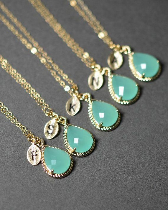 Wedding - Mint Opal Green Gold Necklace ,Bridesmaid Wedding Bridal Bridesmaid Jewelry-Bridesmaid Gifts ,personalized NECKLACE , Monogrammed Gifts