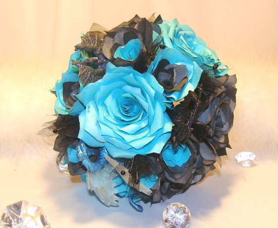 Mariage - Alternative Bouquet, Teal Bridal bouquet, Wedding bouquet, Paper Bouquet, Fake bouquet, Dragon bouquet, Wedding party bouquet, silk bouquet