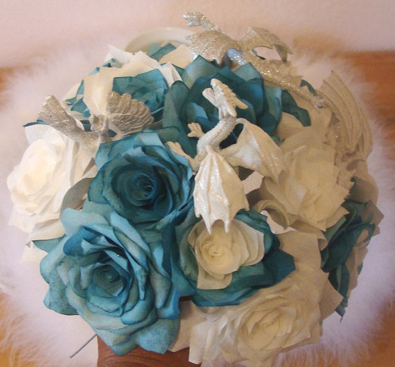 Hochzeit - Teal Bridal bouquet, wedding bouquet, Dragon Bouquet, Flower Girl Bouquet, Fake flower bouquet, paper bouquet, silk bouquet, Teal bouquet