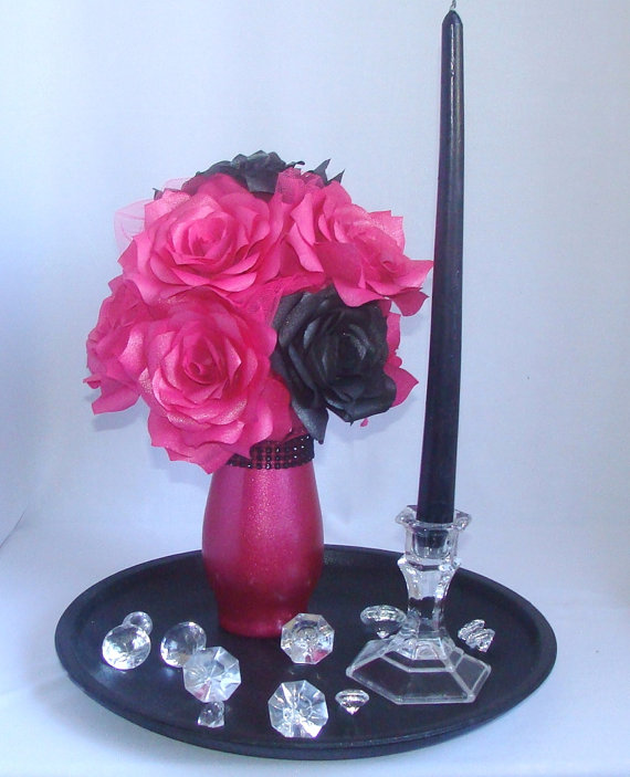 Wedding - Pink and black Wedding Centerpiece, Hot pink bridal decor, Hot pink Quinceanera decor, Fake flower Decor, Home Decor, Paper Flower decor