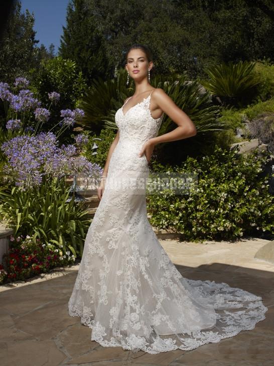Mariage - Hall Spaghetti Straps Draping Lace Trumpet Wedding Dress - Promdresshouse.com