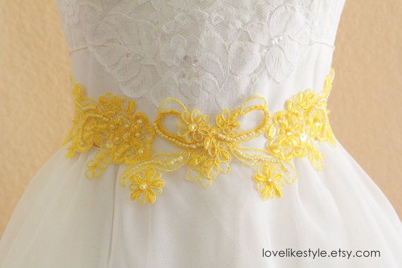 Hochzeit - Yellow Pearl And Sequined Lace Sash , Yellow Headband , Yellow Head Tie, Bridal Yellow Sash, Bridesmaid Yellow Sash