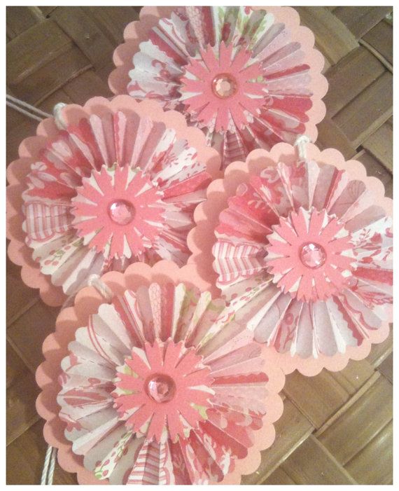 زفاف - Paper Rosettes Lacy Cotton Candy Raspberry Pink Scalloped Circle Handmade All Occasion Gift Tags Set Of 4