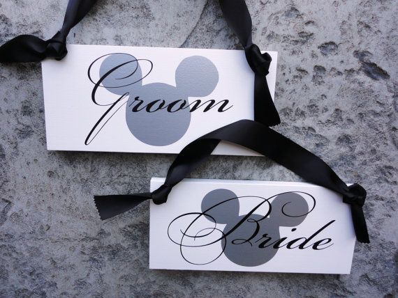 Hochzeit - Bride & Groom Mickey Mouse Chair Signs With Thank You. Fairy Tale Wedding Sign, Mickey Mouse, Minnie Mouse, Disney Wedding, 2-sided Signs.