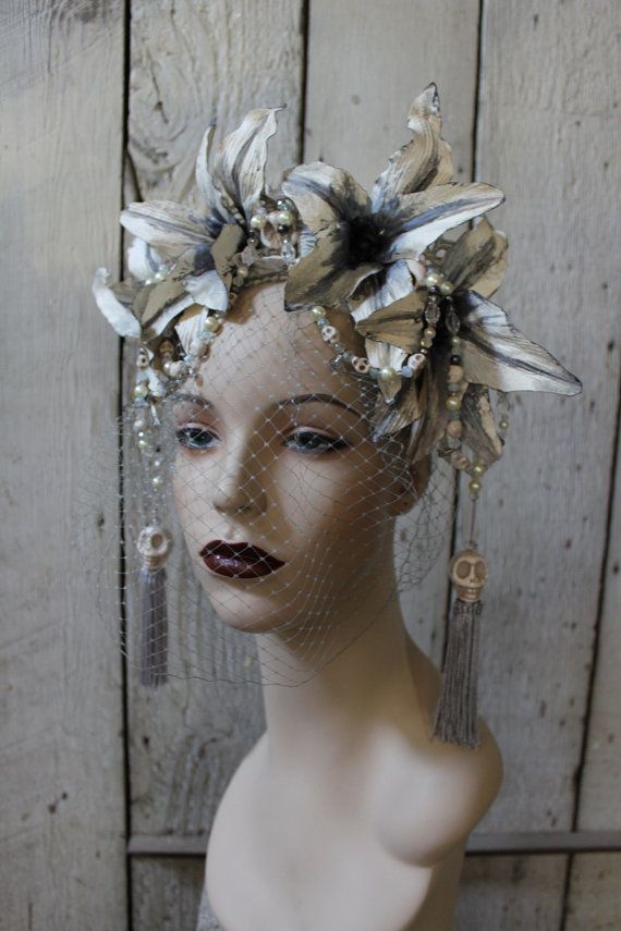 Mariage - The Grey Lady - Headdress Of Handpainted Grey Lilies, Howlite Skulls, Vintage Pearls, Swarovski Crystals And Vintage Lace - To Order