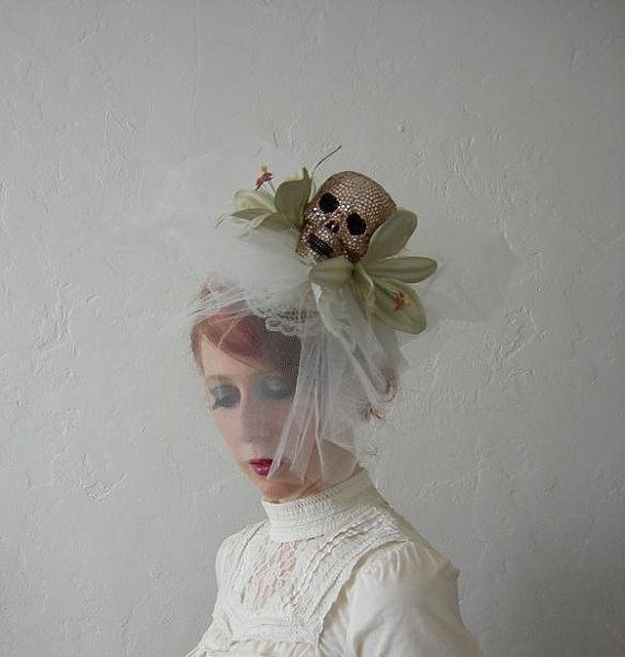 Wedding - Maman Brigitte - Crystal Skull , Tulle, Leather And Lace Fascinator. - Ready To Ship