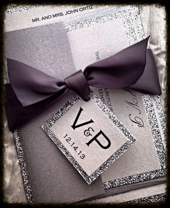 Wedding - Silver Glitter Wedding Invitation And RSVP Set Ribbon Monogram