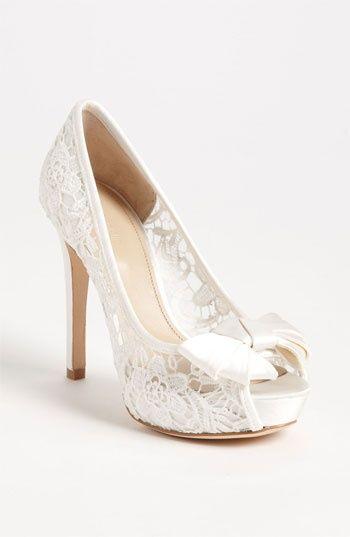 Mariage - Sheer White Lace Peep Toe Wedding Shoe.