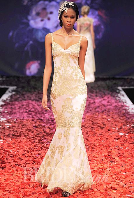 Wedding - Claire Pettibone - Fall 2014 - Alchemy Gold Lace Mermaid Wedding Dress With Scalloped Hem And Spaghetti Straps