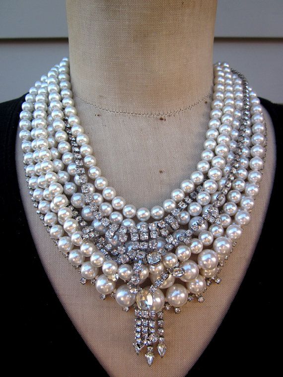 Wedding - RESERVED Vintage Pearl Necklace, Rhinestone Necklace, Wedding Jewelry - Audrey