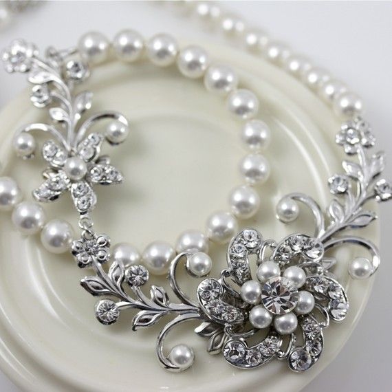 Hochzeit - White Pearl Bridal Necklace Vintage Wedding Jewelry Swarovski Crystal Flower Wedding Necklace SABINE GARDEN