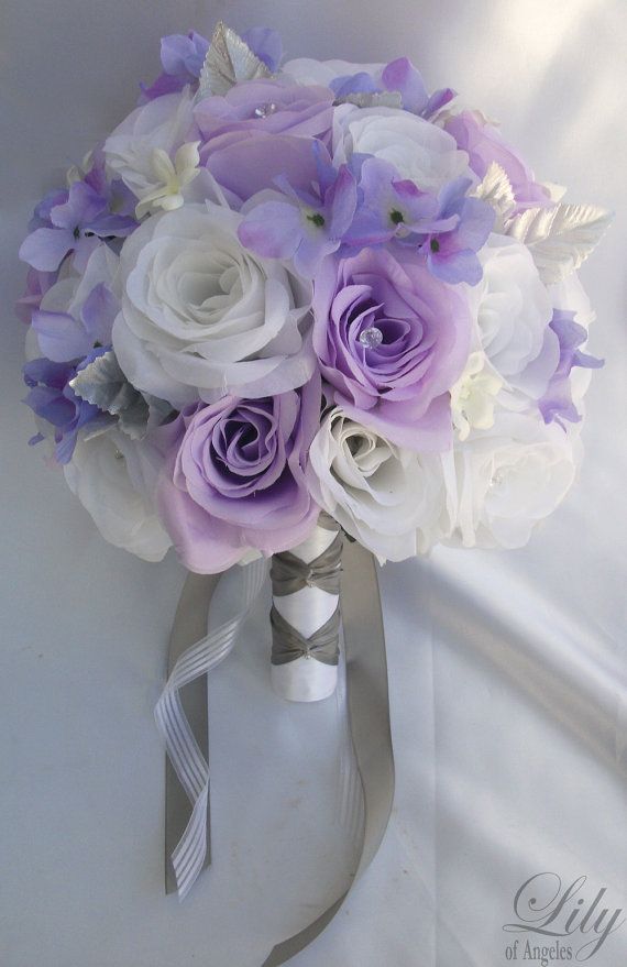 17pcs Wedding Bridal Bouquet Bride Flower Decoration PURPLE LAVENDER WHITE 
