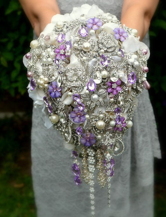 Hochzeit - Deposit On Lavender Cascading Jeweled Brooch Bouquet -- Made To Order Wedding Brooch Bouquet