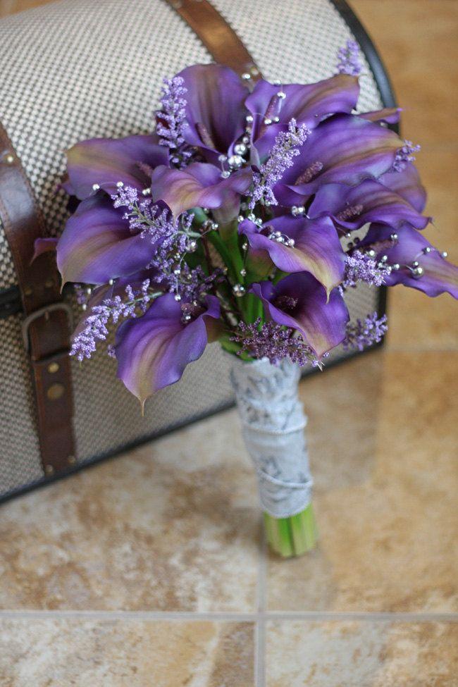 Mariage - Reserved For Amber - Real Touch Purple Calla Lily Wedding Bouquet - Purple Gray And Silver