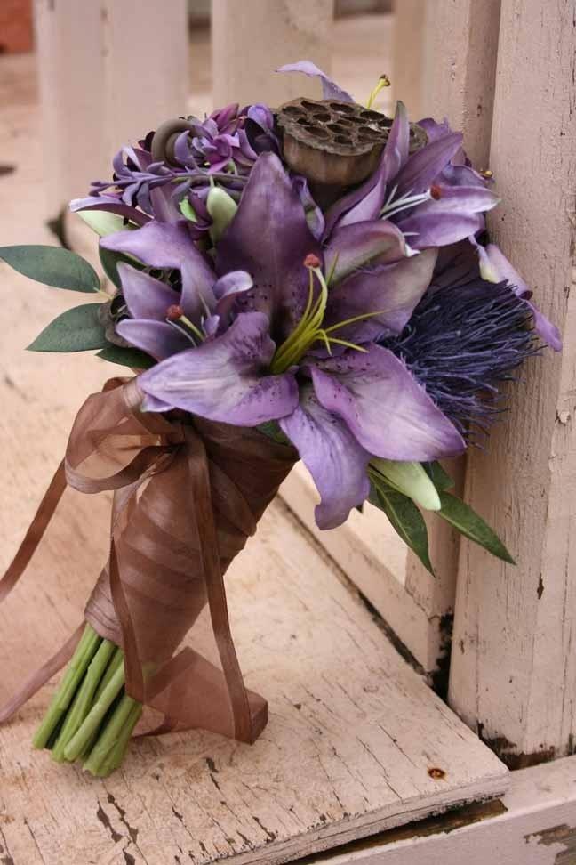 Wedding - Woodsy Lavender Tiger Lily And Brown Bride Bouquet