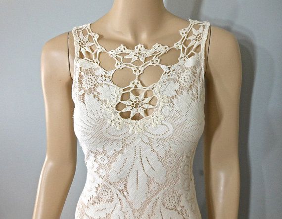 زفاف - Vintage Style Bohemian WEDDING Dress Crochet Ivory LACE Wedding Dress Cut Out Sheer Crochet Back S