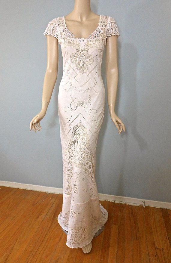 Mariage - Angelic Blush Wedding Gown Bohemian Wedding Dress Crochet LACE Wedding Gown Sheer Back Cap Sleeve Sz Small