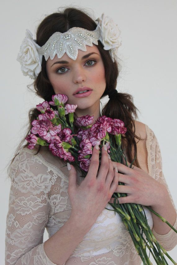 زفاف - Cream Beaded Flower Wedding Hairband, Velvet Rose Rhinestone Crown, Flapper Headpiece