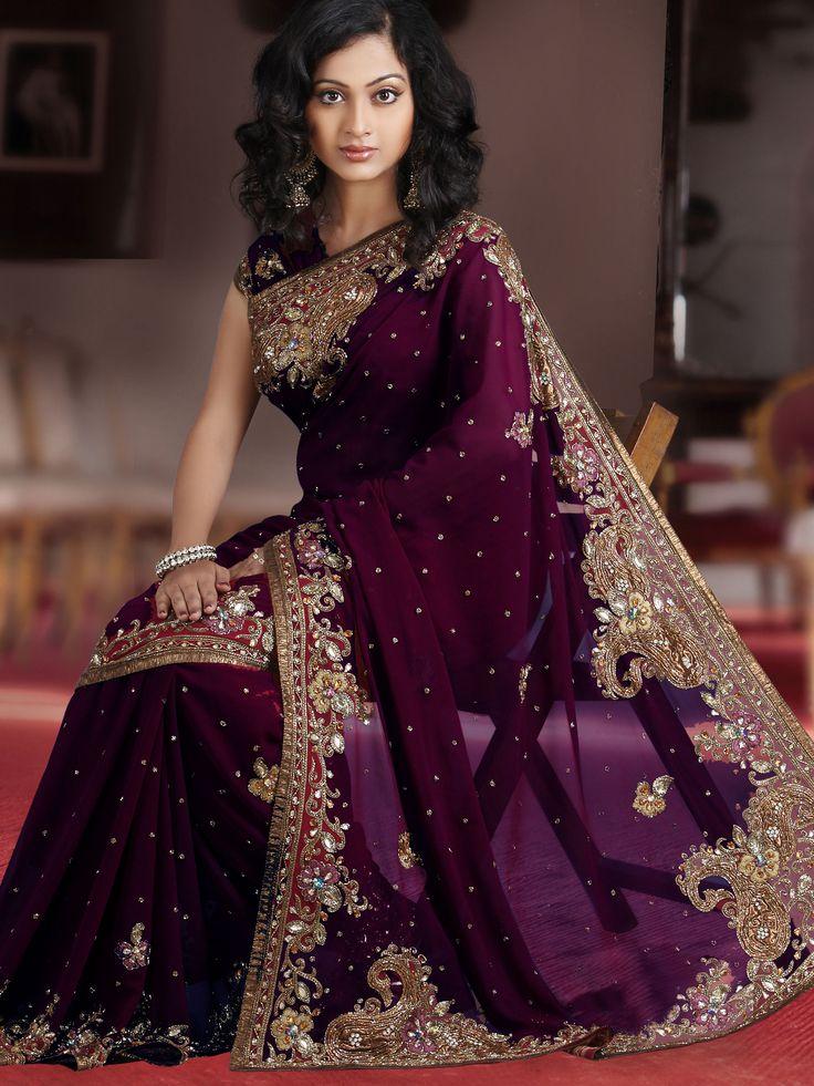Mariage - Wine Faux Georgette Saree With Blouse