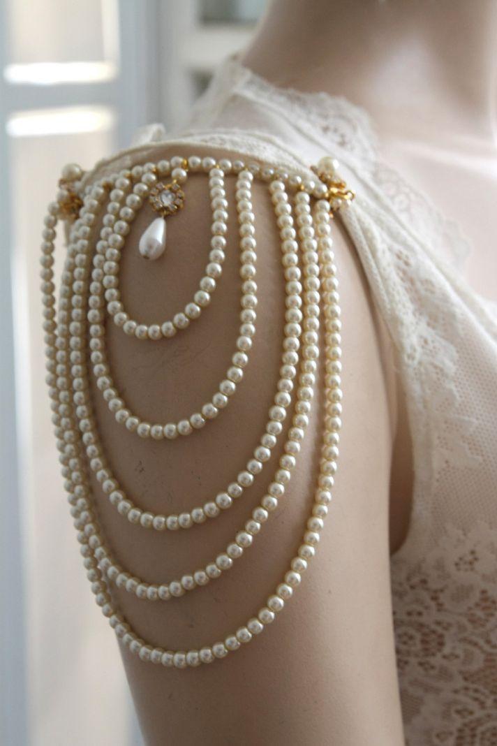 زفاف - Shoulder Epaulettes Bridal Jewelry Accessories Ivory Pearls And Rhinestones, 1920 Inspiration Shoulders Necklace Wedding Jewelry, OOAK