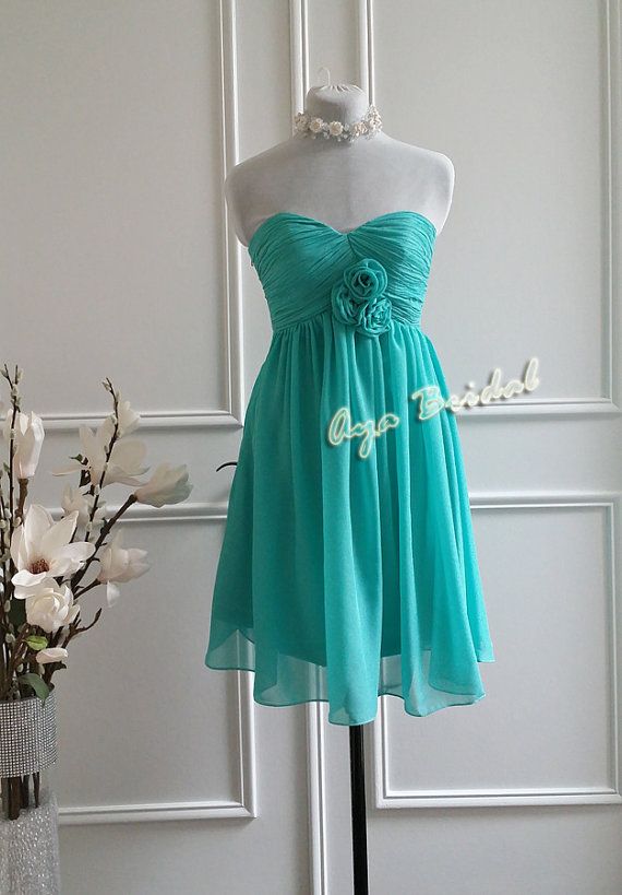 زفاف - Turquoise Floral Bridesmaid Dress , Party Dress , Knee Length Dress