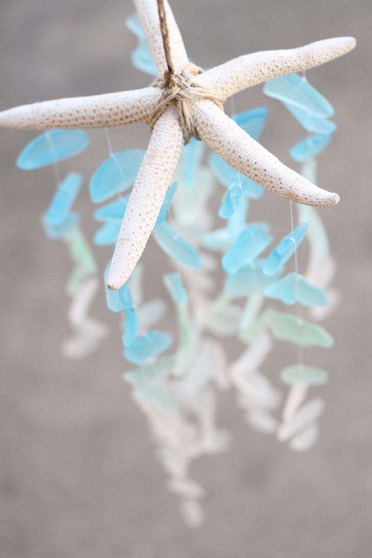 Hochzeit - RESERVED Sea Glass & Starfish Mobile - Ombre Blues