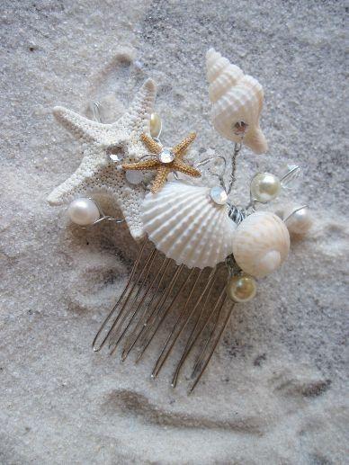 Wedding - Seashell Hair Comb For Beach And Destination Weddings With Sparkly Crystal Seashells Pearls And Starfish