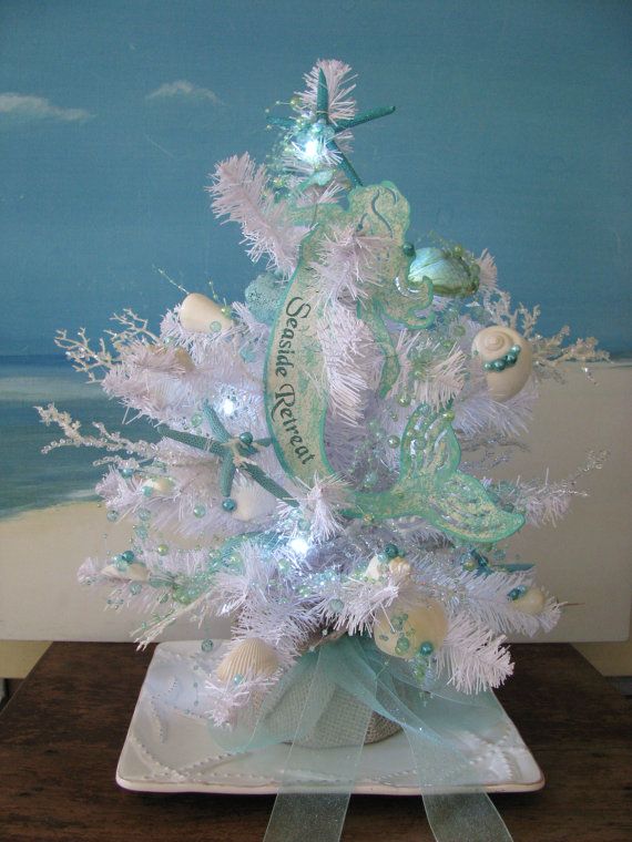 زفاف - Seashell Mermaid Starfish White Christmas Tree -Lit Up Coastal Christmas Decor -Tabletop 18 Inch Christmas Tree