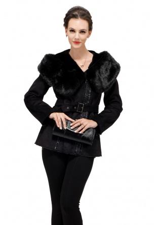 Mariage - Black suede with faux beaver fur large collar and hat short suede coat