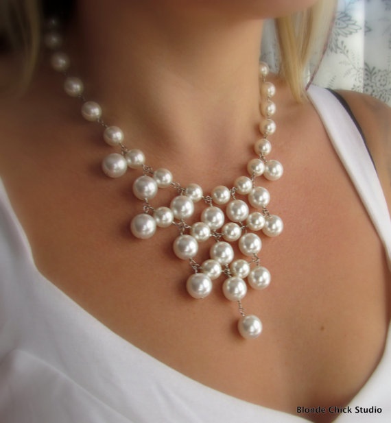 Mariage - WHITNEY-White Glass Pearl Bib Style Necklace